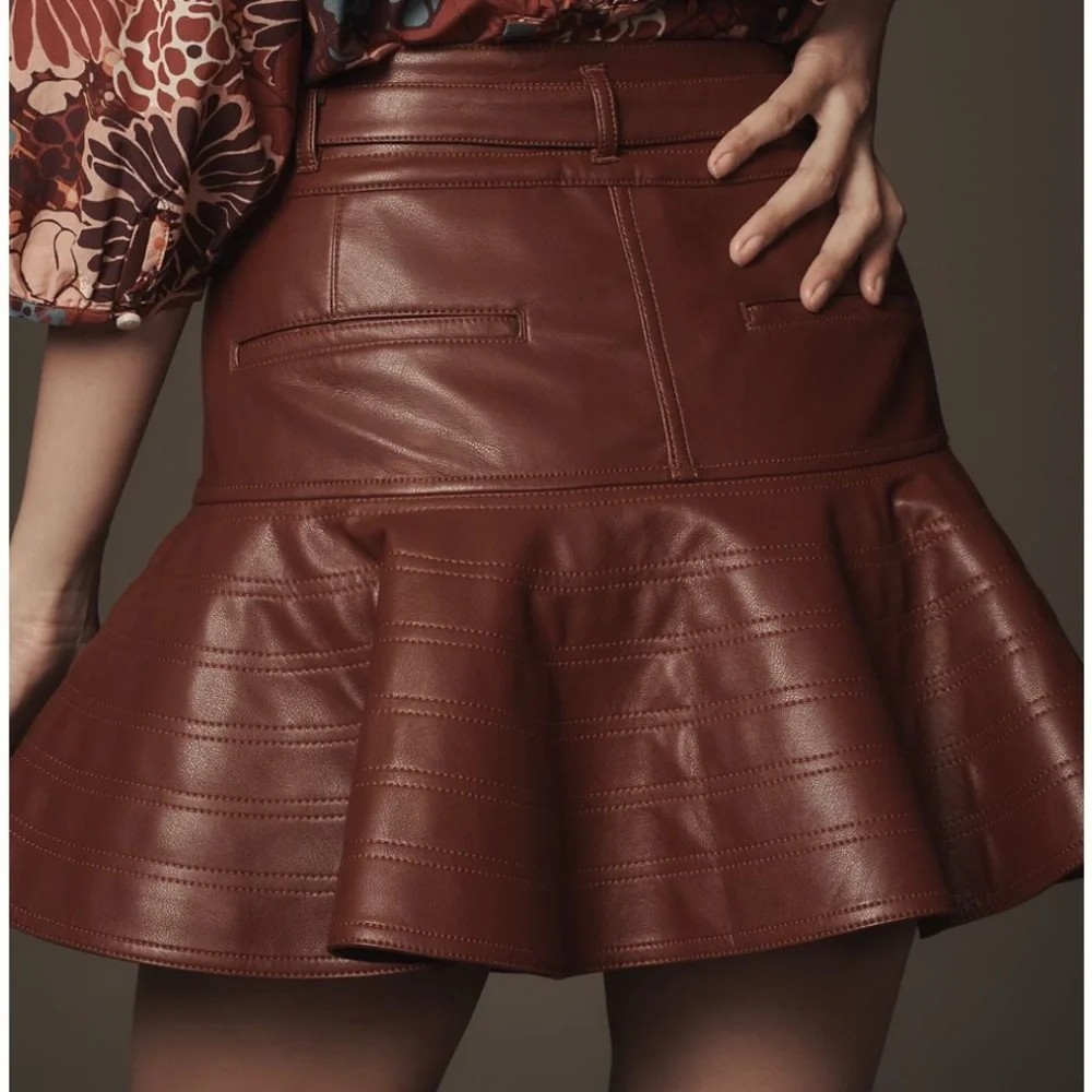 Anthropologie Fit & Flare Faux-Leather Mini Skirt by Pilcro Wine Sz 8 NEW - Picture 4 of 4